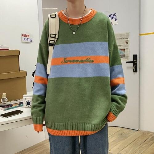 Casual Vintage Coat Men Patchwork Oversized Striped Winter Knitted Sweater 2021 Pullover Mens Kpop Harajuku Sweater
