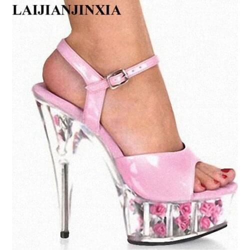 LAIJIANJINXIA Pink Transparent Fashion Romantic Rose 15cm High-Heeled Shoes Princess Dancing Sandals 6 Inch Sexy Crystal Shoes