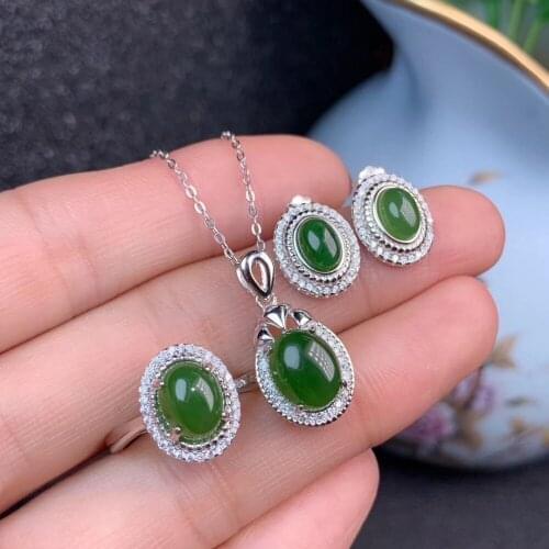 S925 silver natural green jasper ring pendant earrings natural gemstone jewelry set Luxurious Sun flower woman party jewelry