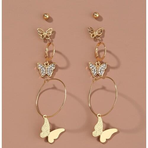 Copper Gold Color Metal Butterfly Stud Zircon Charms Earrings Set Fashion Brand Women Jewelry Earings