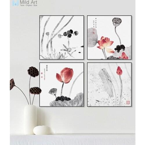 Modern Abstract Tradtional Chinese Ink Beautiful Flowers Lotus Canvas Art Print Poster Wall Picture Home Decor Painting Custom