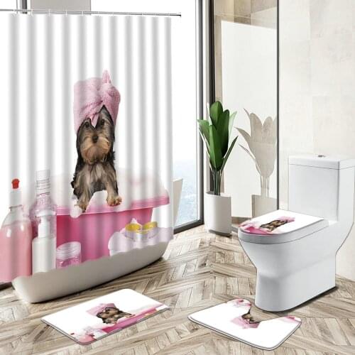 Fun Bathing Dog Shower Curtain Bulldog Pet Cute Animal Theme Non-Slip Pedestal Rug Toilet Cover Flannel Home Bathroom Deco Set