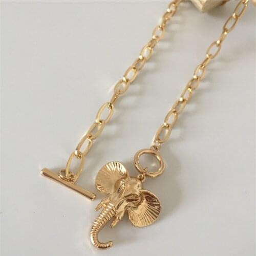 Vintage Big Elephant Animal Pendant in Gold Necklace big Chain Jewelry Gift T-bar O-bar enclosure chocker necklace for women