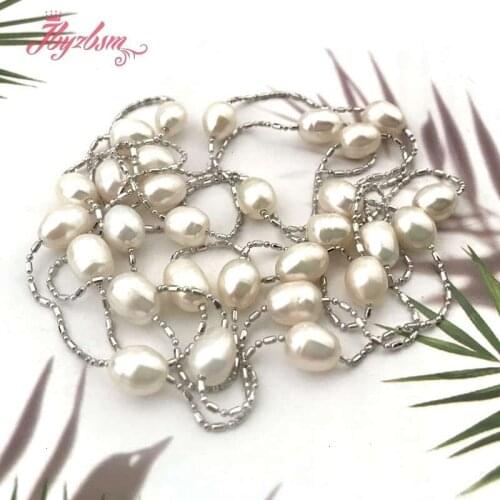 6x7-7x8mm Oval Freshwater Pearl Natural Stone Beads For Woman Christmas New Year Gift Jewelry Silver Plated Chain Necklace 45"