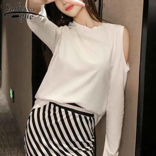 Cotton Shirt Women Fashion T Shirt 2021 Autumn Long Sleeve Chic Slim Sexy Off-Shoulder Tops Hollow Solid Korean Clothes 10904