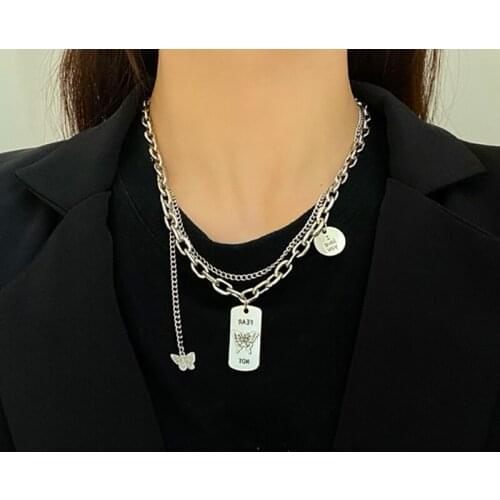 Vogallery Hip Hop Multilayer Letter Necklaces Women Punk Rock Rectangle Butterfly Pendants Chain On The Neck Jewelry Accessories