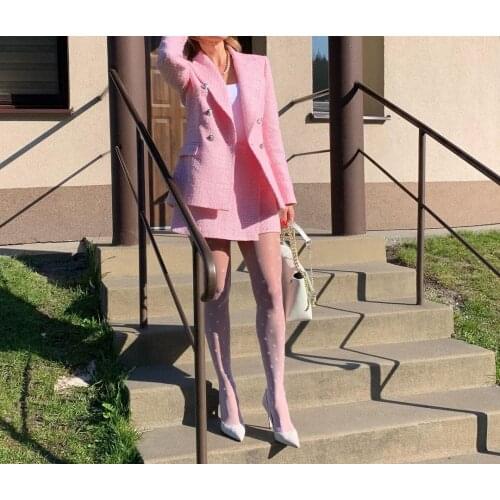 XEASY 2021 Women Two-piece Set Pink Tweed Vintage Office lady Double Breasted Blazer Female Slim High Waist Culottes Skirt Suit