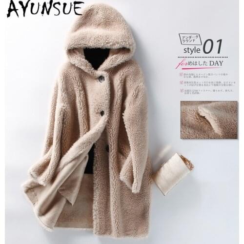 AYUNSUE Sheep Shearling Coat Female Winter 2021 Hooded Fur Trench Coats Women Wool Jackets Korean Style Casaco Feminino Gxy178