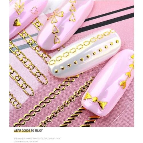 1 Sheet Gold Metal Chains Nail Stickers 3D Heart Bow-knot Golden Metallic Adhesive Sticker DIY Manicure Nail Art Decorations