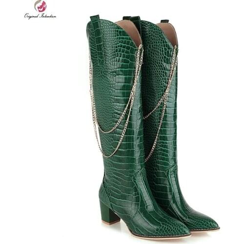 2021 Fashion Knee High Boots Women Chunky Heels Slip On Western Boots Ladies Metal Chain Pointed Toe Autumn Winter Long Boots