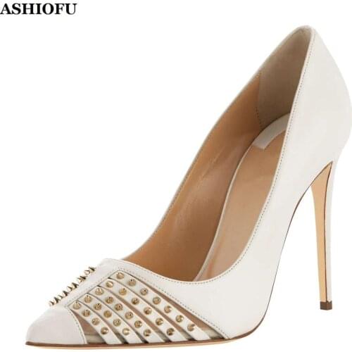 ASHIOFU Newest Handmade Womens Stiletto High Heel Pumps Mini Rivets Spikes Wedding Party Shoes Slip-on Evening Fashion Shoes