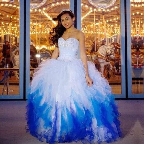 Ball Gown Organza Ruffles Prom Dresses Beaded Crystal Vestidos De Debutante Sweet 16 Dress Blue And White Quinceanera Dresses