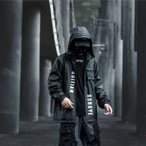 Hooded Letter Dark Functional Overalls Jackets Coats Techwear Autumn Winter Hip Hop High Street Cardigan Pocket Jacket Outerwear