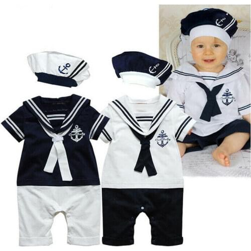 PUDCOCO Cotton Newborn Baby Boy Sailor Playsuit Toddler Outfit Set Romper Clothes+Hat 0-24M