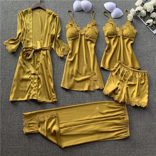 Women Pajamas 5 Pieces Satin Sleepwear Pijama Silk Home Wear Home Clothing Embroidery Sleep Lounge Pyjama with Chest Pads