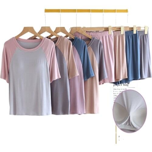Summer Modal Home Service Pajamas Suit with Chest Pad Raglan Sleeve Short-sleeved Shorts Women Comfortable Pyjama Pour Femme
