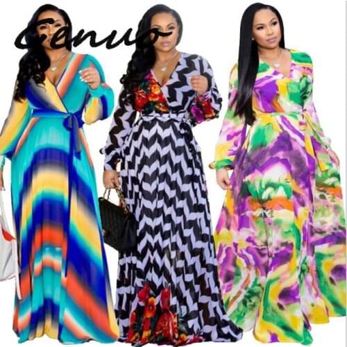 Fashion Fall 2019 Stripe Floral Print Long Sleeve Chiffon Dress Women African V Neck Ladies Casual Boho Maxi Autumn Long Dress