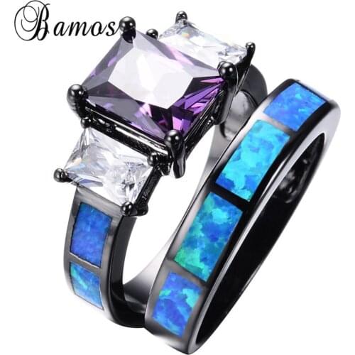 Bamos Fashion Women Men Purple Zircon Ring Black Gold Filled Wedding Party Engagement Promise Ring Sets Love Jewelry RB1297