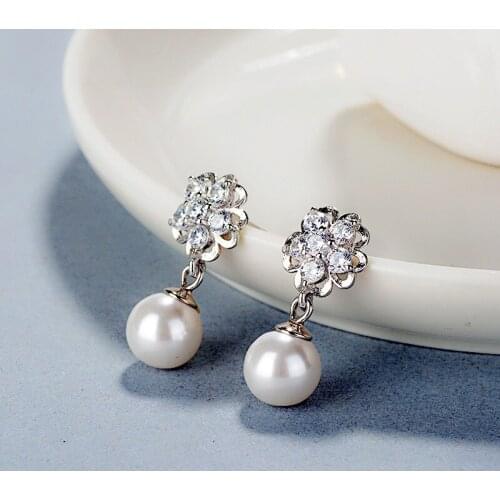 Fashion 925 Sterling Silver Crystal Flower Stud Earrings With Pearl Beads Stud Earrings Brincos For Girlfriend Gifts