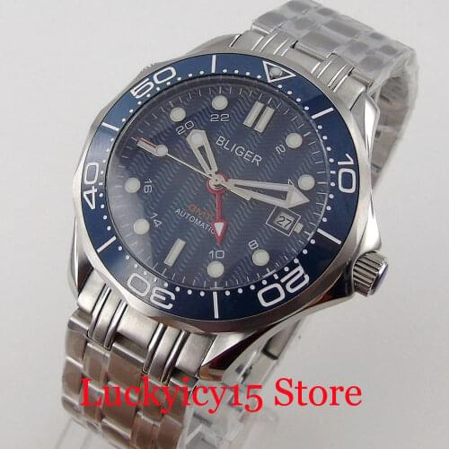 BLIGER Blue Red GMT Automatic Men Watch Date 41mm Brushed Case Steel Adjustable Clasp Ceramic iNsert