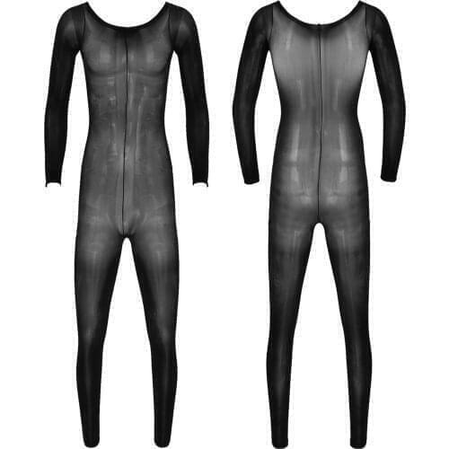 Men Soft Breathable Underwear Glossy See-through Nylon Bodystocking Bodysuit Round Neck Long Sleeve Stretchy Leotard Jumpsuit