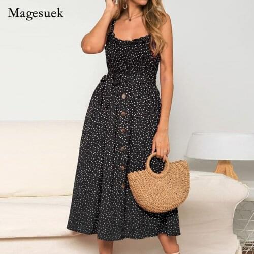 New Arrival Summer Slash Neck Sleeveless Party Beach Print Midi Dress Womens Sling Polka Dot Long Dresses Casual Sundress 13189