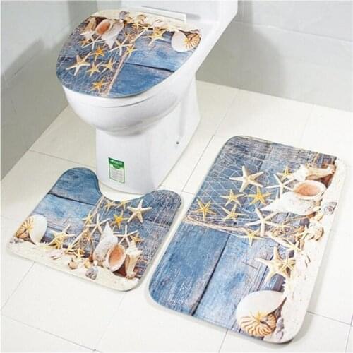 New Flannel Carpet Three-Piece Toilet Floor Mat Set With Marine Organisms Printing Toilet Cover and Rugs Non-Slip Bathroom Pad