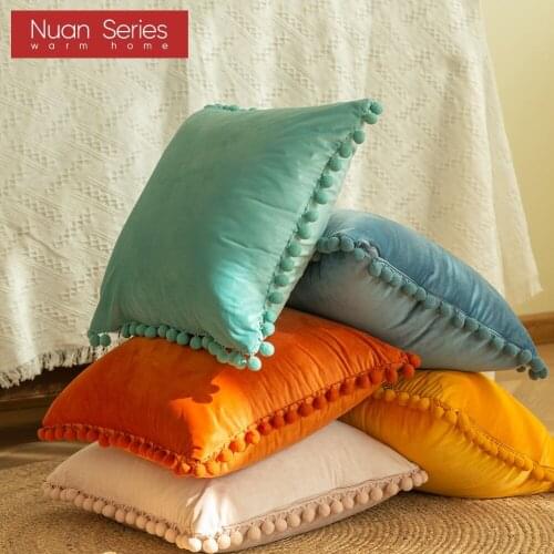 Solid Colors Soft Velvet Cushion Cover Decorative Pillow Cover With Pompom Ball Sofa Cushions 45x45cm Decor Living Room