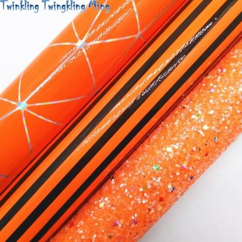 Orange Glitter leather, Stripes Printed Smooth Synthetic Leather Faux Fabric Sheet For Bow 21x29CM Twinkling Ming KM333