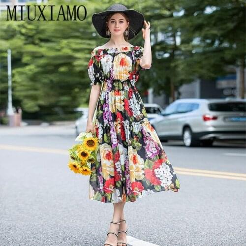 MIUXIMAO 2020 Summer Maxi Dress Newest Cute colourful Print Leaf Flower Elegant Slim Casual Long Dress Women Vestidos