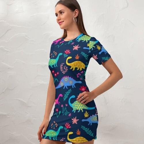 Dinosaur Dress Short Sleeve Printed New Year Bodycon Tight Ladies Polyester Aesthetic One-Piece