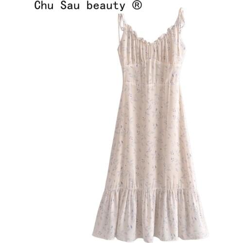 Summer New Streetwear Chic Floral Printed Sling Midi Dress Women Fashion Casual Style Ruffles V-neck Chiffon Dresses Female