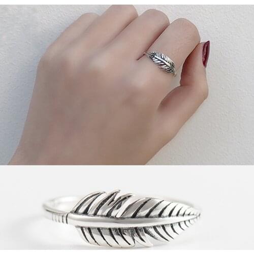 Adjustable open ring S925 material adjustable feather shape ring jewelry