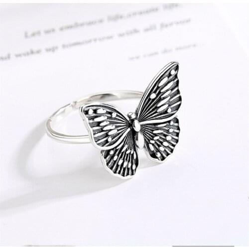 S925 Silver Retro Butterfly Ring Ladies Ring Retro Craft Fashion Cold Wind Jewelry