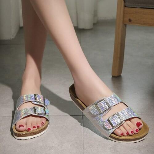 2021 New Summer Women Trend Flash Sequins Buckle Cork Slippers Suede Leather Mule Clogs Slides Woman Beach Flip Flops 44