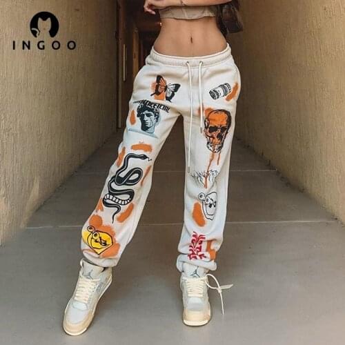 INGOO Casual Elastic Webbing Sport Trousers Women Pattern Print High Waist Bandage Slim Thick Warm Sweatpants Fashion Streetwear