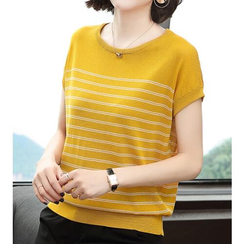 LJSXLS Striped Loose Knitted Top Femme Summer Thin Womens Sweater Short Sleeve Jumpers Women Casual O-Neck Female Clothing 2021