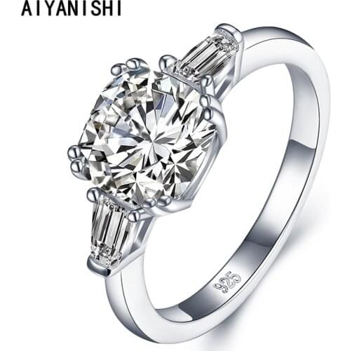 AIYANISHI Real 925 Sterling Three Stone Finger Rings Classic Square Cut Rings Silver Jewelry For Women Wedding Christmas Gifts