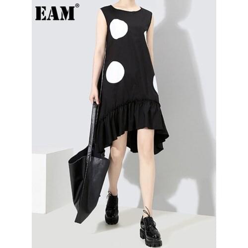 [EAM] Women Black Dot Printed Ruffles Midi Dress New Round Neck Sleeveless Loose Fit Fashion Tide Spring Summer 2021 1DE0221