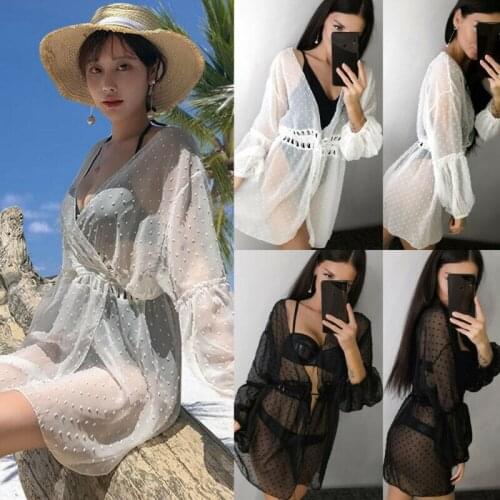 2019 New Summer Women White Black Sexy Sheer Beach Dress Swimwear Transparent Bikini Cover Up Bathing Suit
