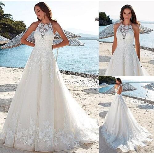 Fabulous Tulle Halter Neckline Cut-out Back A-Line Wedding Dress With Lace Appliques Beach Bridal Dress vestidos de boda para no