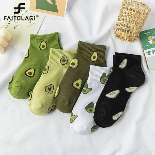 5 Pairs/lot Cute Fruit Pattern Women Socks Green Harajuku Embroidery Avocado Ankle Socks Spring Summer Girls Cotton Short Socks