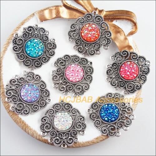 7 New Flower Charms Tibetan Silver Tone Retro Mixed Round Resin Connectors 29.5x31.5mm