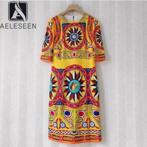 AELESEEN High Quality Runway Fashion Sicilian Dress Full Sleeve Sunflower Print Elegant Long Party Slim Dress