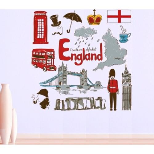 England Colorful Illustration Travel The Word Landmark Wall Sticker Wedding Decor Vinyl Waterproof Wall Sticker Wallpaper Decal
