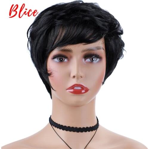 Blice Short Synthetic Natural Wave Black Heat Resistant High Temperature Daily &Party Women WIgs American African With Skin Top