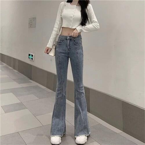 Streetwear High Waist Bell Bottom jeans Women Vintage Stretch Skinny Flare Denim pants Ladies Casual Light blue Long trousers