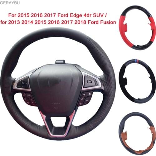 GERAYBU Custom DIY Black Leather Hand-sewn Car Steering Wheel Cover For 2015 2016 2017 Ford Edge 4dr SUV 2013-2018 Ford Fusion