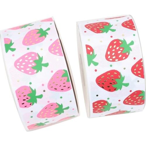 HSDRibbon Designer custom 75MM 3 inch Strawberry series pattern ink with Foil Printed on White Grosgrain Ribbon