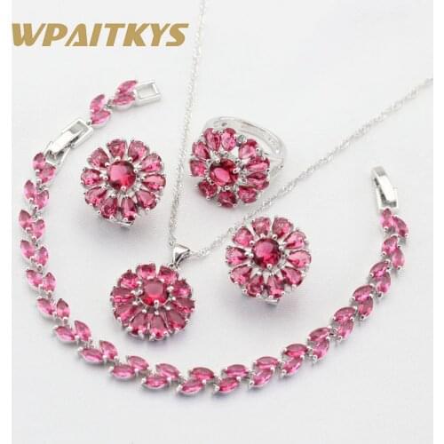 Red Ruby 925 Sterling Silver Jewelry Sets Necklace Pendant Bracelets Hoop Earrings Rings For Women Birthday Gift Box